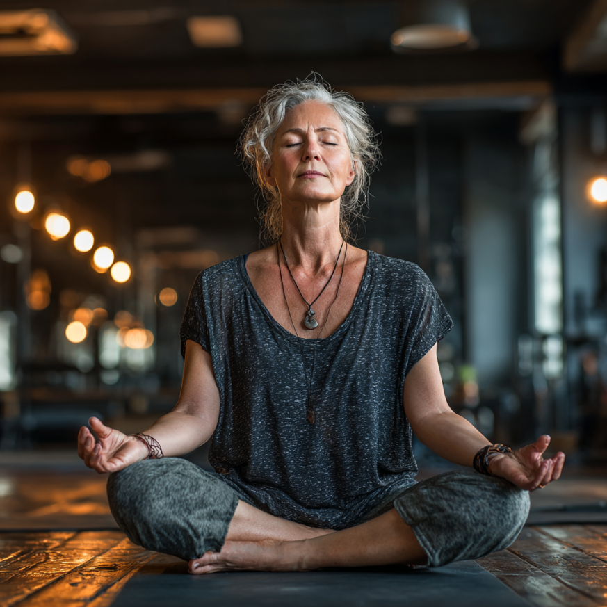 Група пожилих людей займається йогою