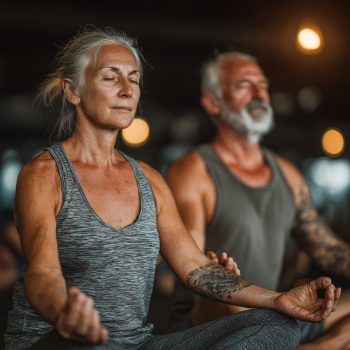 Старша жінка в позі йоги на природі